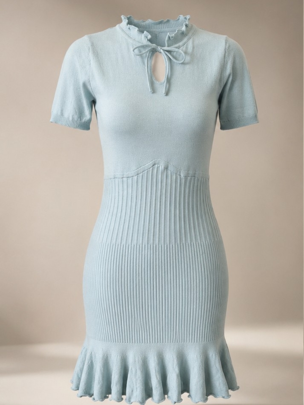 Ruffled Keyhole Short Sleeve Mini Dress in Mint